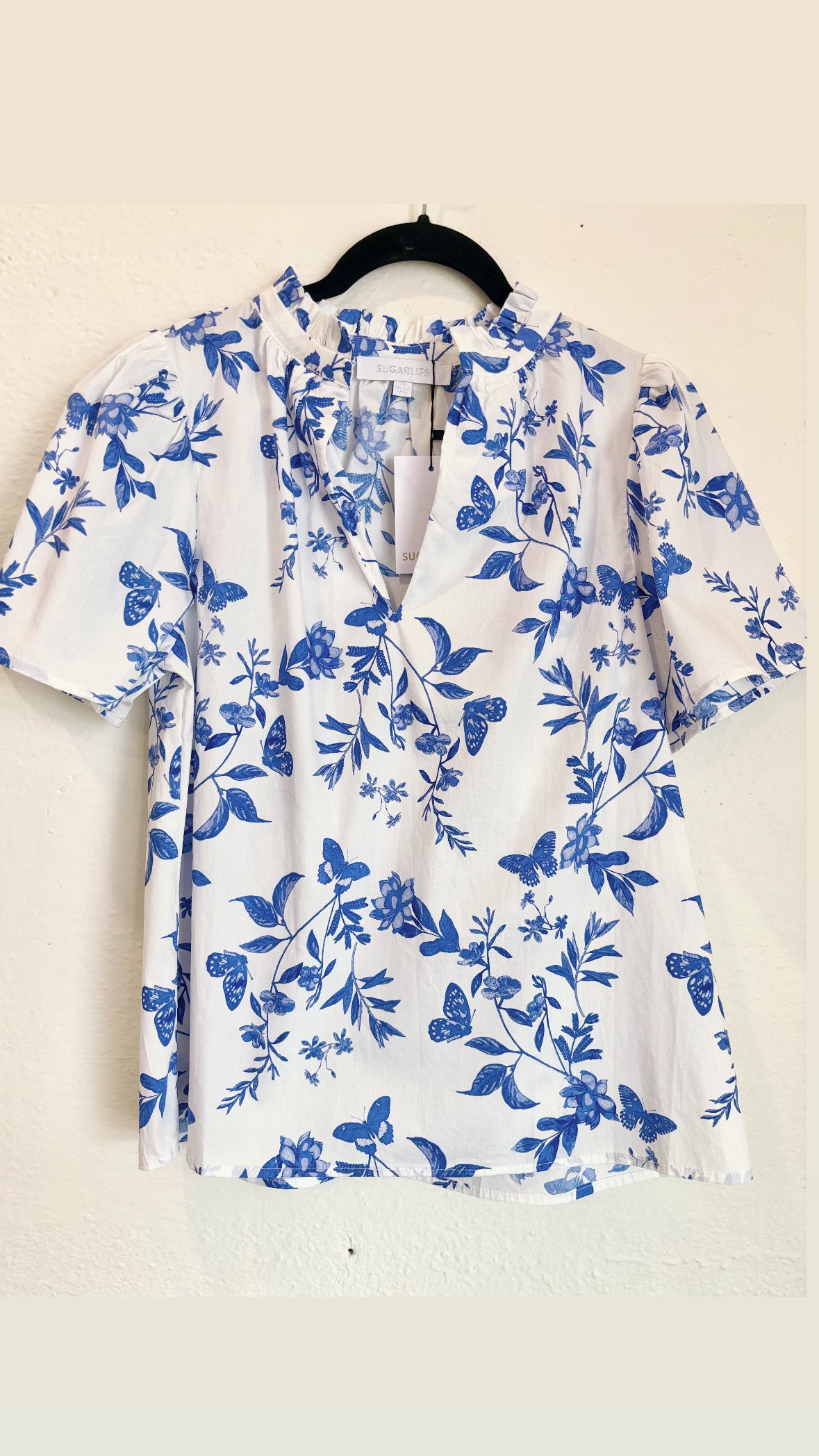 Leya Floral Split Neck Top- Blue and White