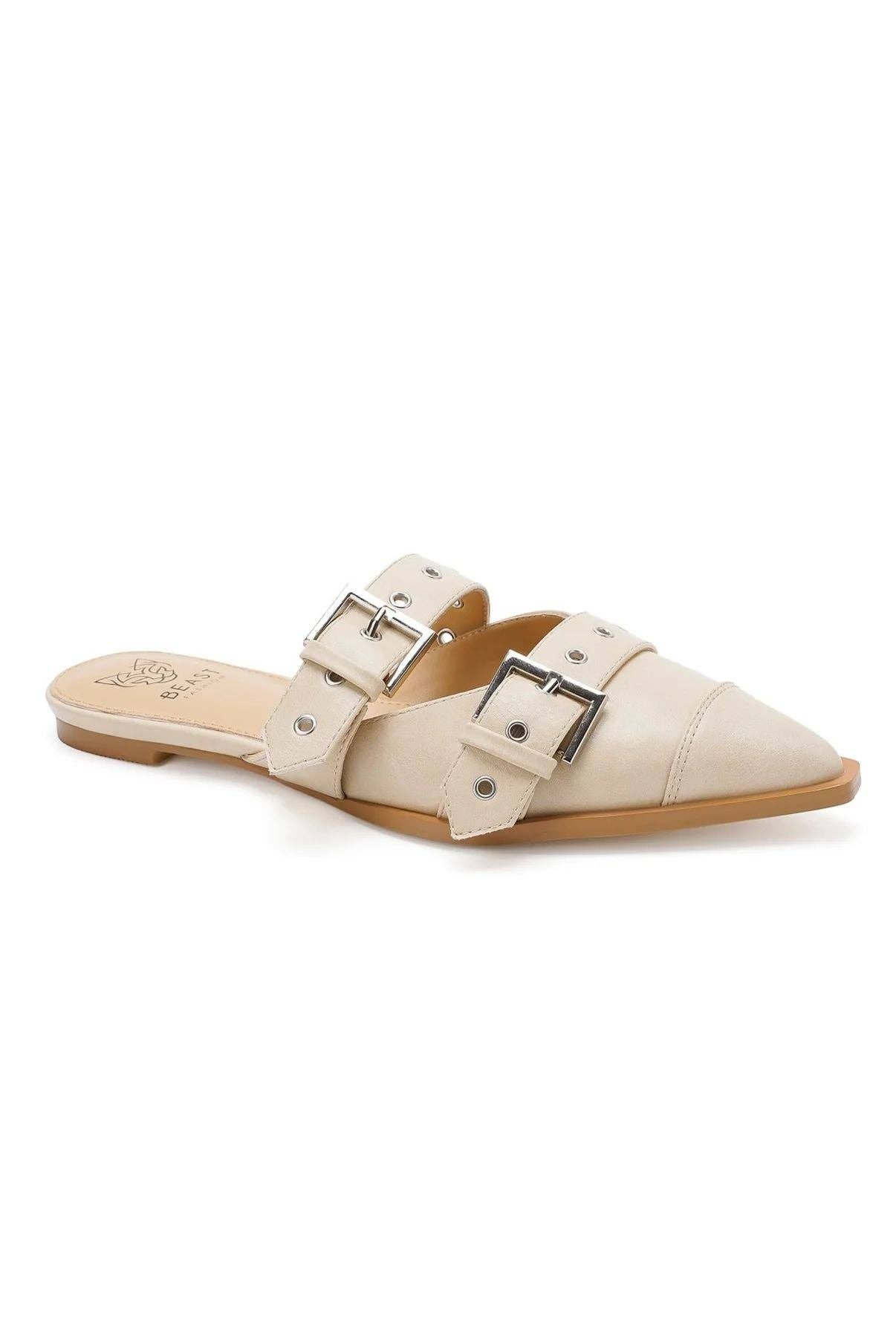 Double Buckle Strap Pointed Toe Flat Mules
