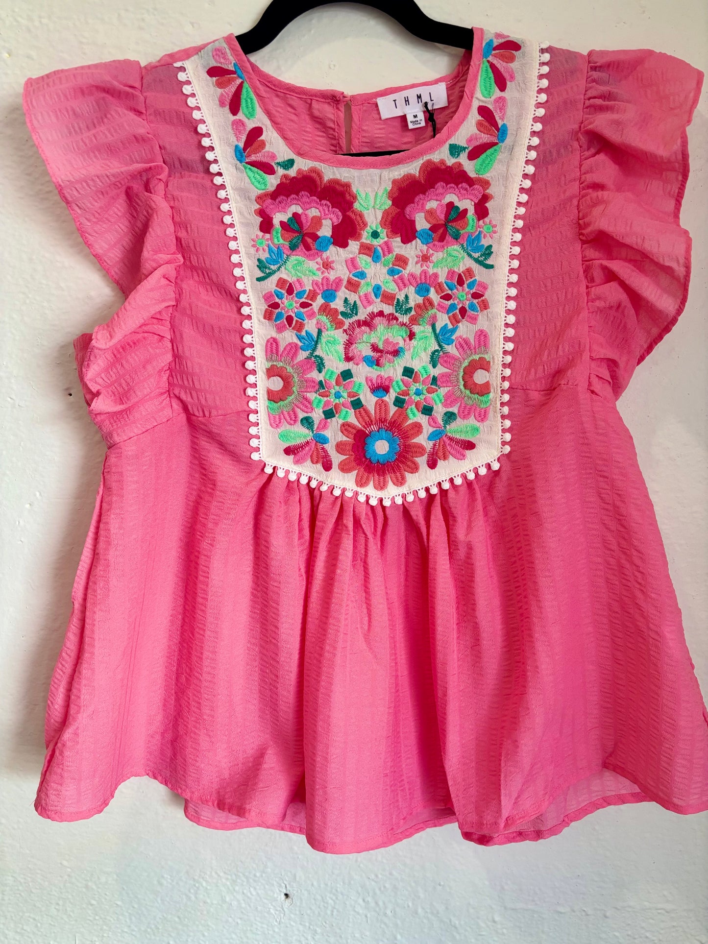 Embroidered Flutter Sleeve Top Pink