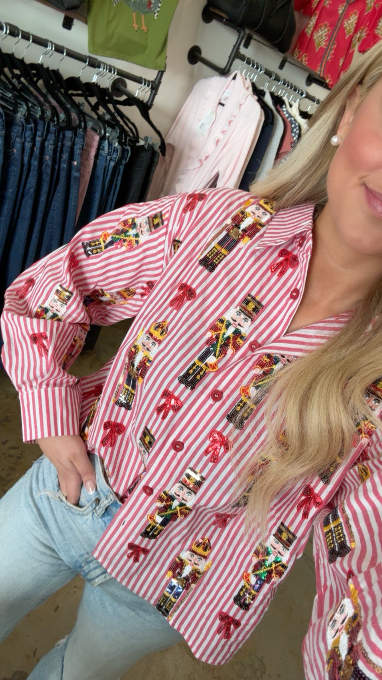 Queen of Sparkles Red Stripe Nutcracker Button Up