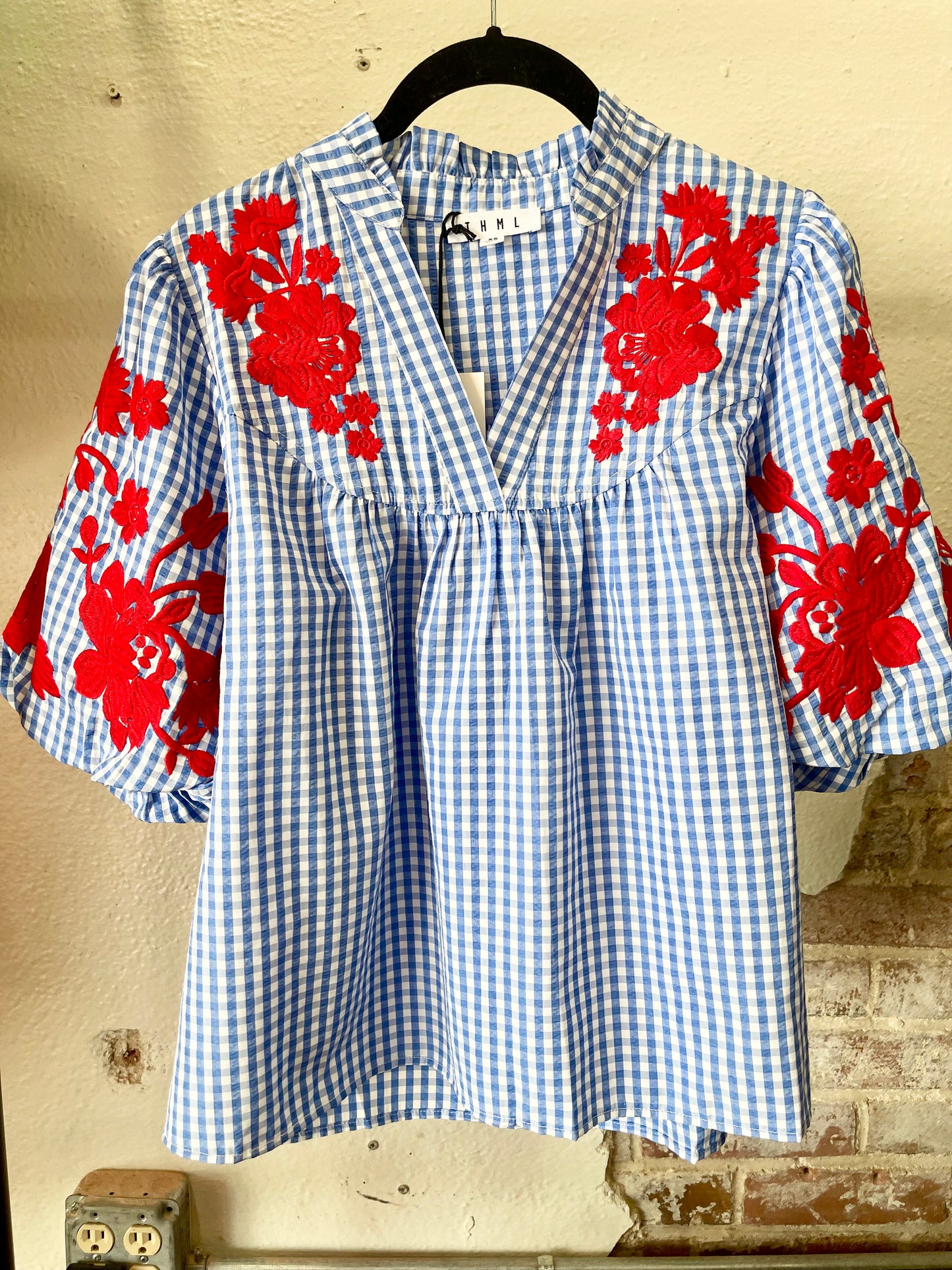 Blue Gingham Embroidery Top