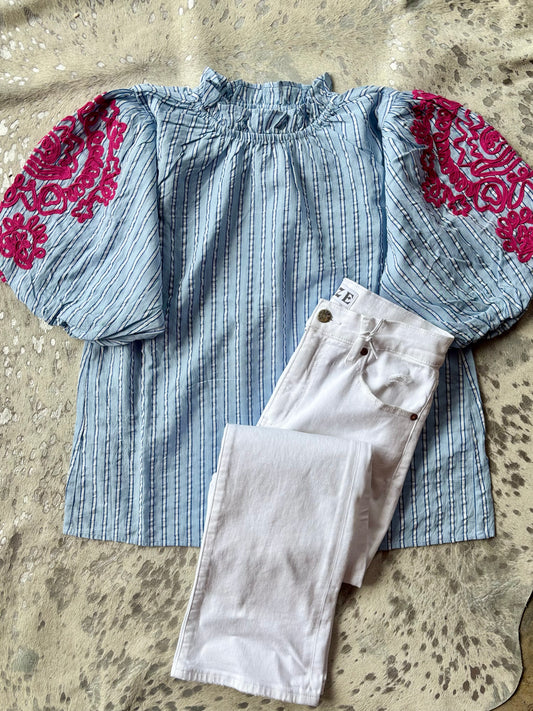 Embroidered Puff Sleeve Striped Top Blue
