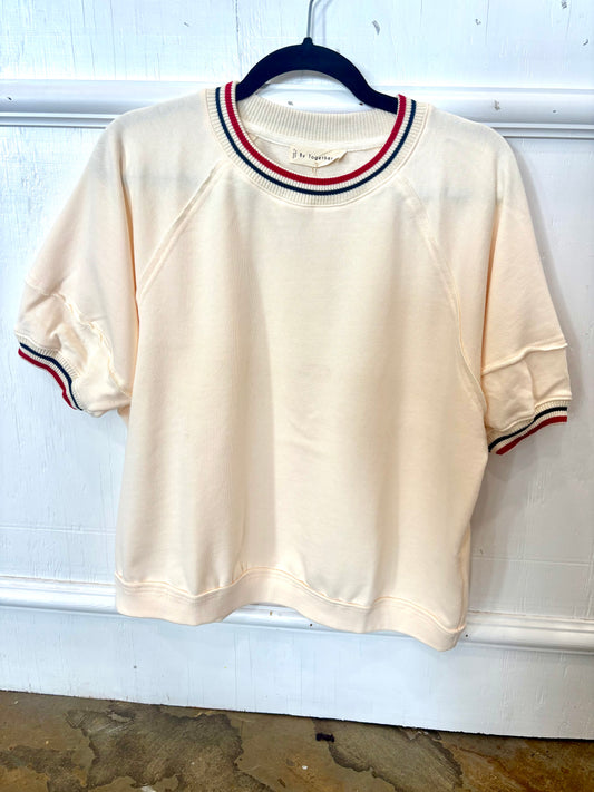 Cream Short Sleeve Sweater Red and Blue Detail