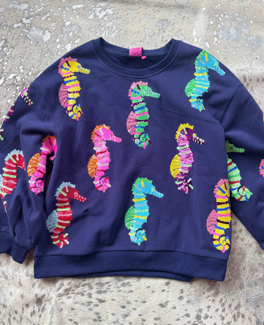Queen of Sparkles Navy Seahorse Sweatshirt