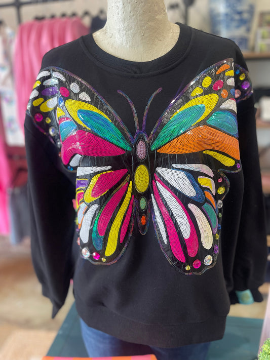 Queen Of Sparkles Black Oversized Multi Butterfly Sweatshirt
