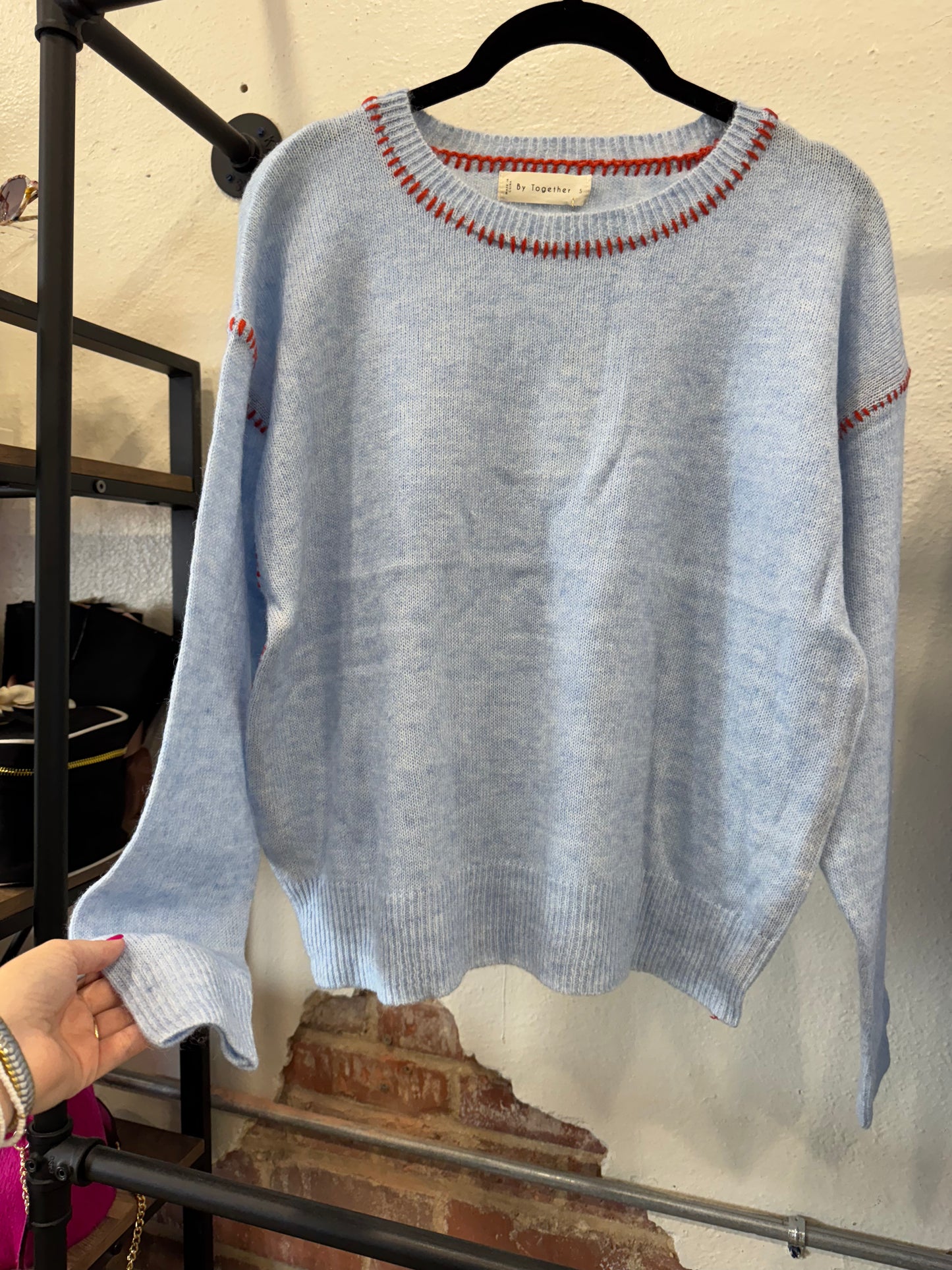 Red and Blue Knit Sweater with Stitch Detail