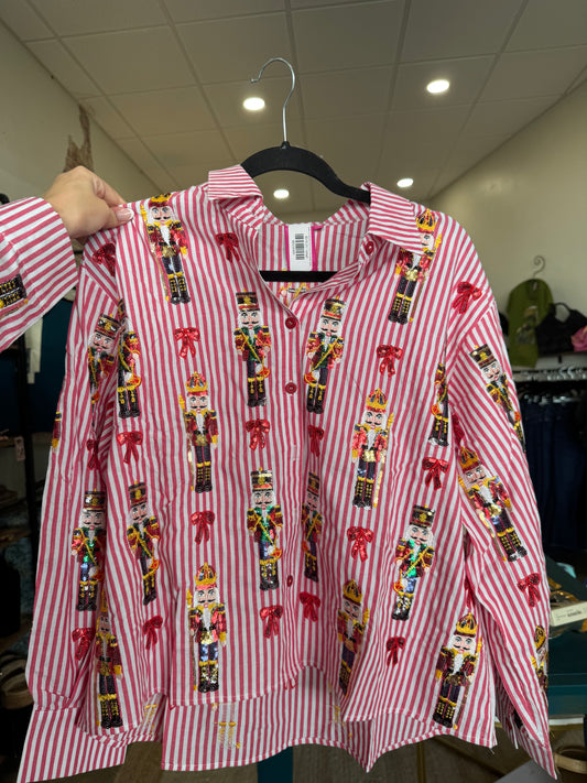 Queen of Sparkles Red Stripe Nutcracker Button Up