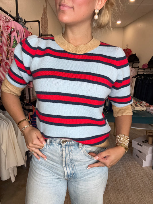 Red and Blue Short Sleeve Knit Top