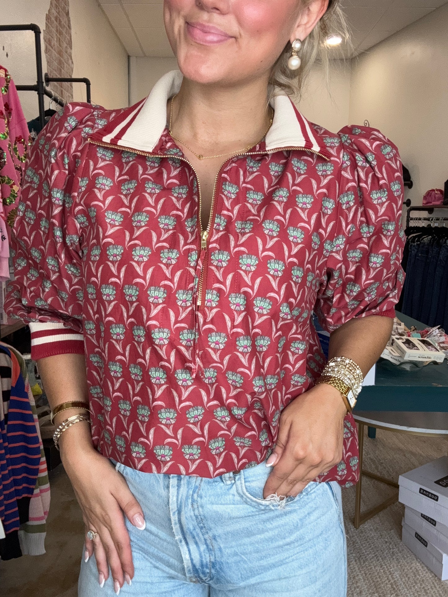 Maroon Flower Zip Top