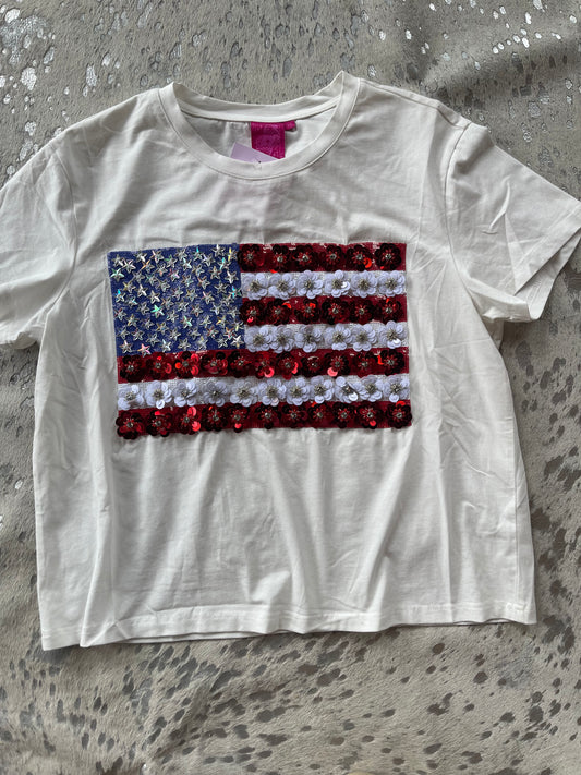 Queen of Sparkles White Flower American Flag Tee